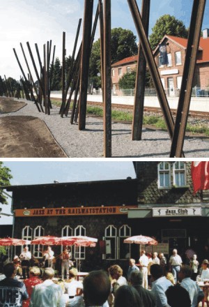 Skulptur Spurensuche am Sutthauser Bahnhof (oben), Jazzfest am Dissener Bahnhof (unten). (Fotos: Atelier Trieb bzw. Jazzclub Dissen)
